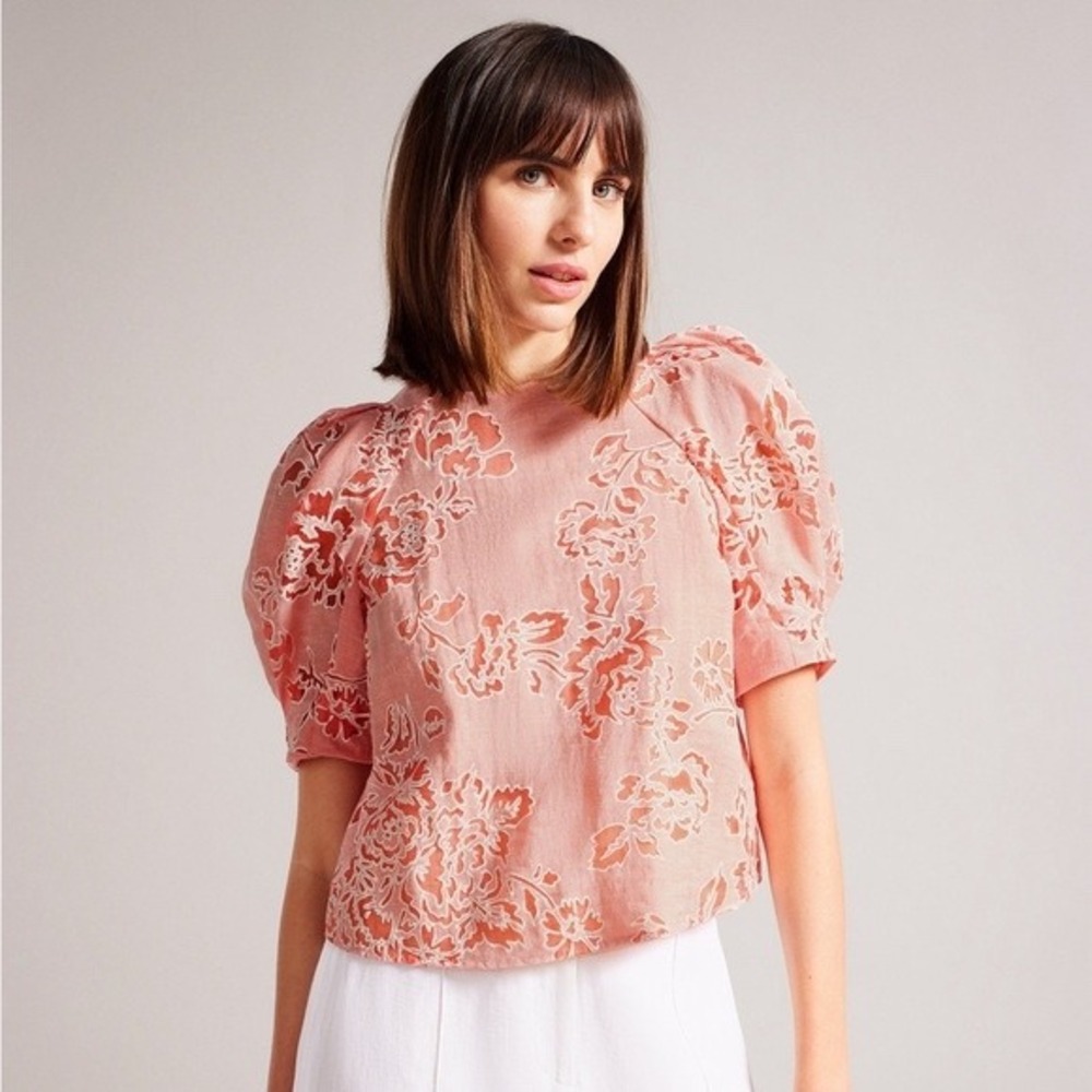 Ted Baker London Meliha Floral Puff Sleeve Tie Back Blouse Pink Coral